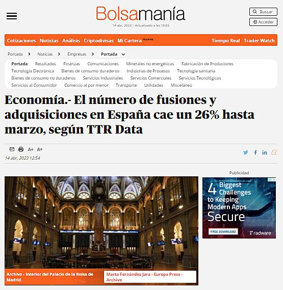 Economa.- El nmero de fusiones y adquisiciones en Espaa cae un 26% hasta marzo, segn TTR Data
